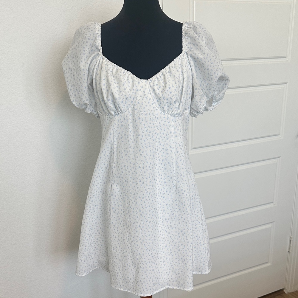 Divided White Mini Dress with Light Blue Floral Print